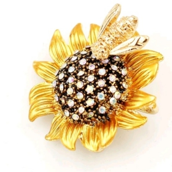 BETSEY Johnson Sunflower Honeybee Gold Enamel Crystal Brooch Pin NEW - Picture 5 of 6
